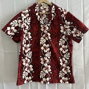 Vintage KY's Hawaiian Aloha Shirt Red White Hibiscus Mens 2XL Short Sleeve USA